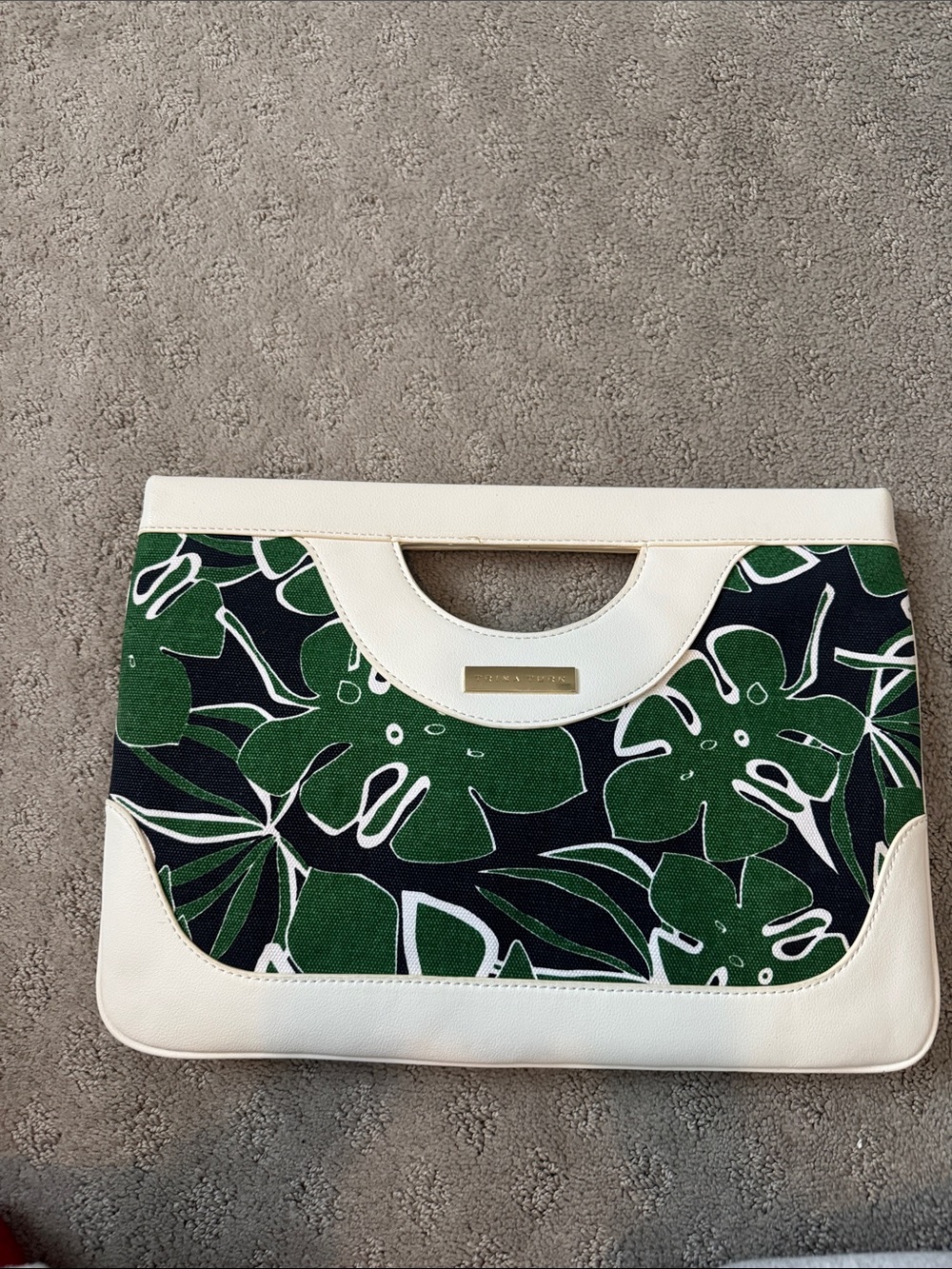 Trina Turk Green and White Floral Canvas Cutout Handle Clutch